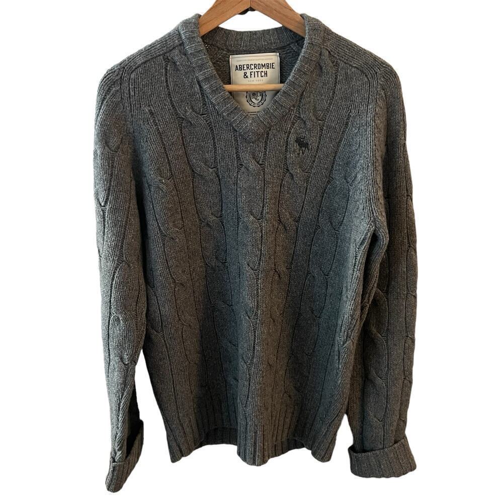 Vintage Men’s SZ M Y2K Gray V-neck Wool Cashmere Blend Cable Knit Sweater